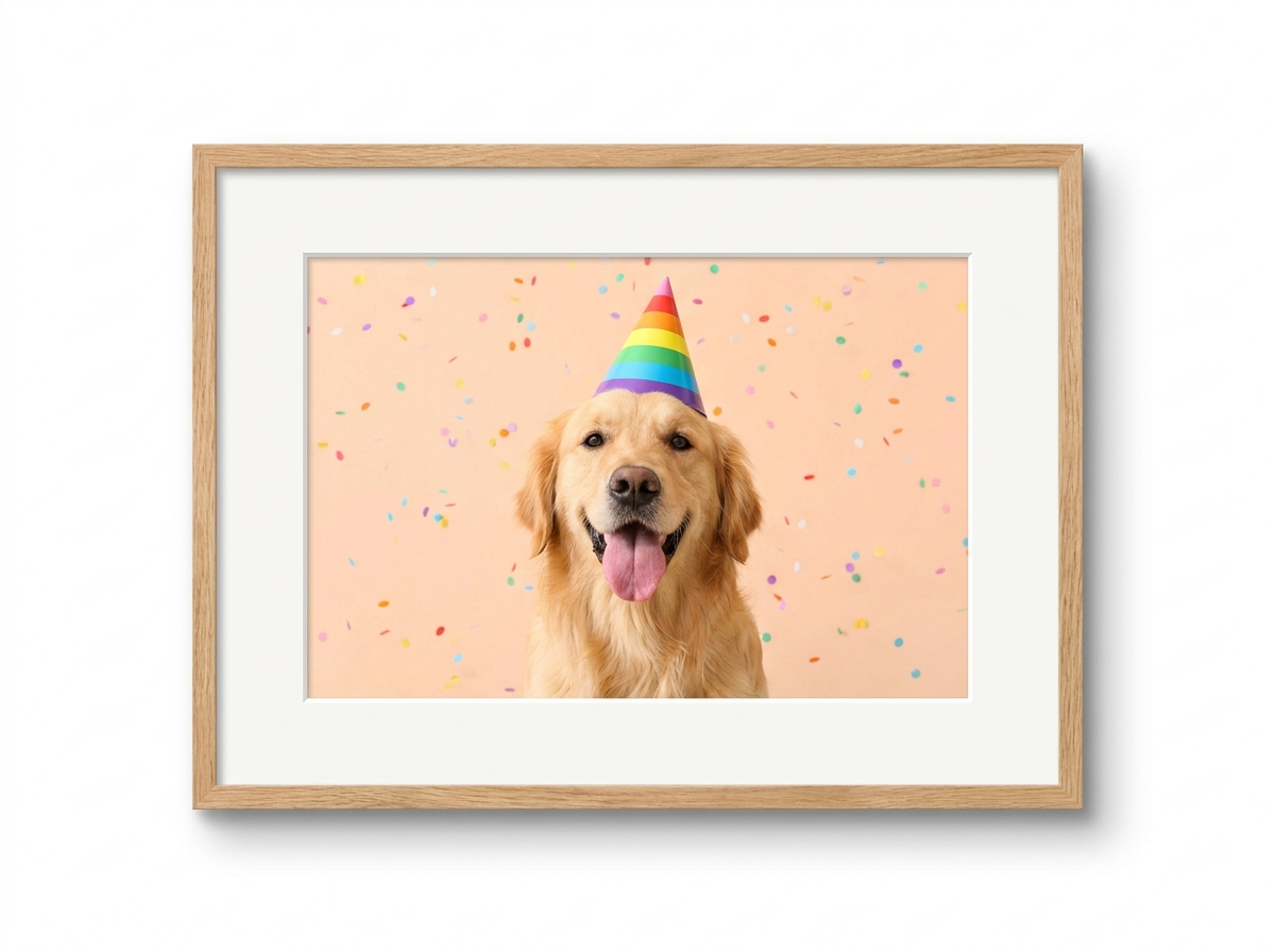 A framed print of a golden retriever in a birthday hat, hung on the wall