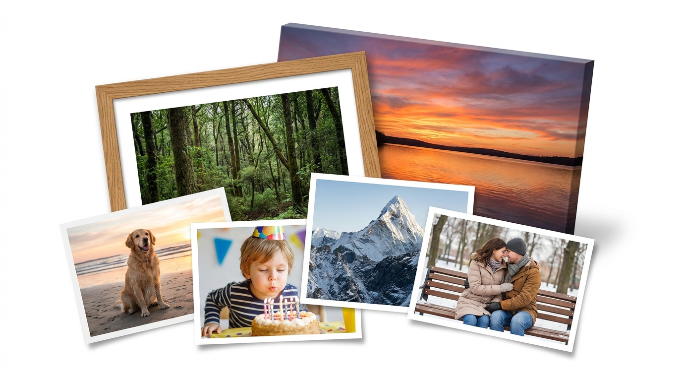 A collage of inksby photo prints, framed art, and canvas